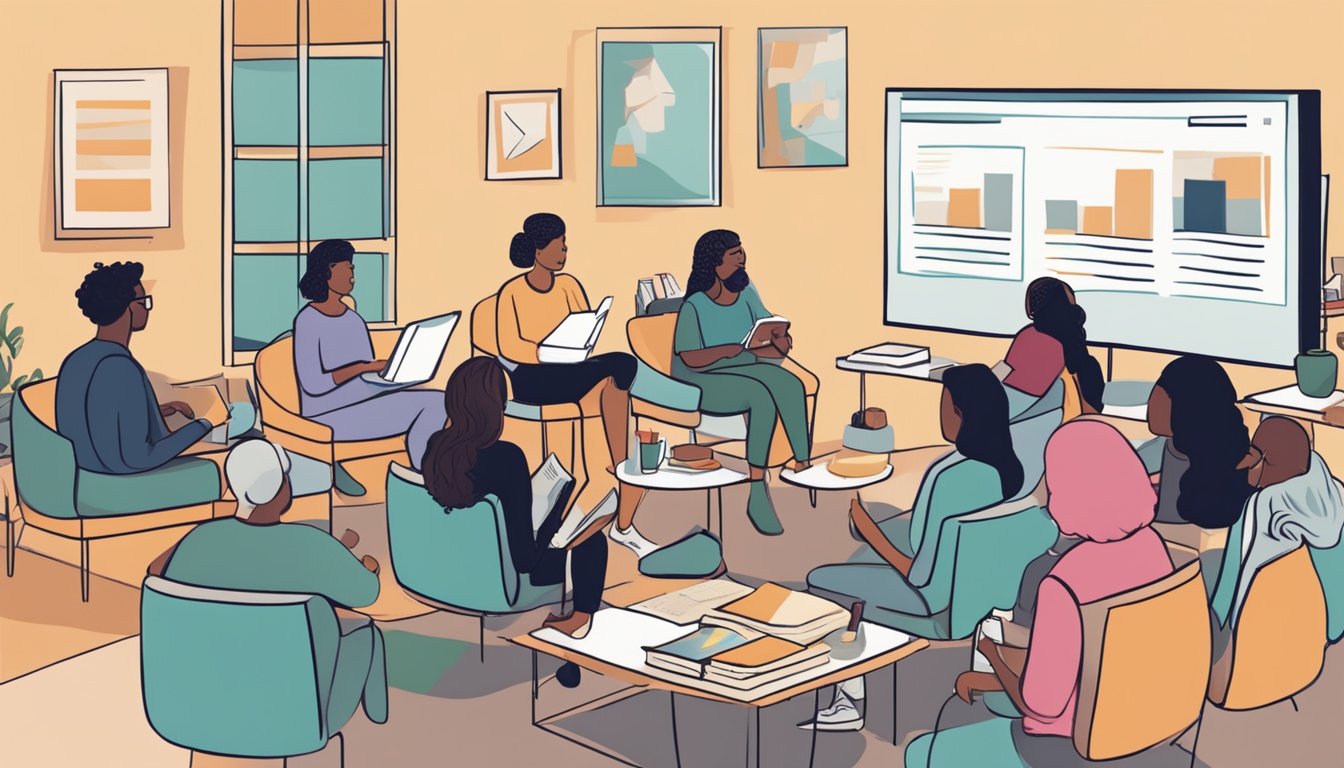 A virtual book club meeting with members discussing literature on a
digital platform, sharing thoughts and opinions on the book of the
month