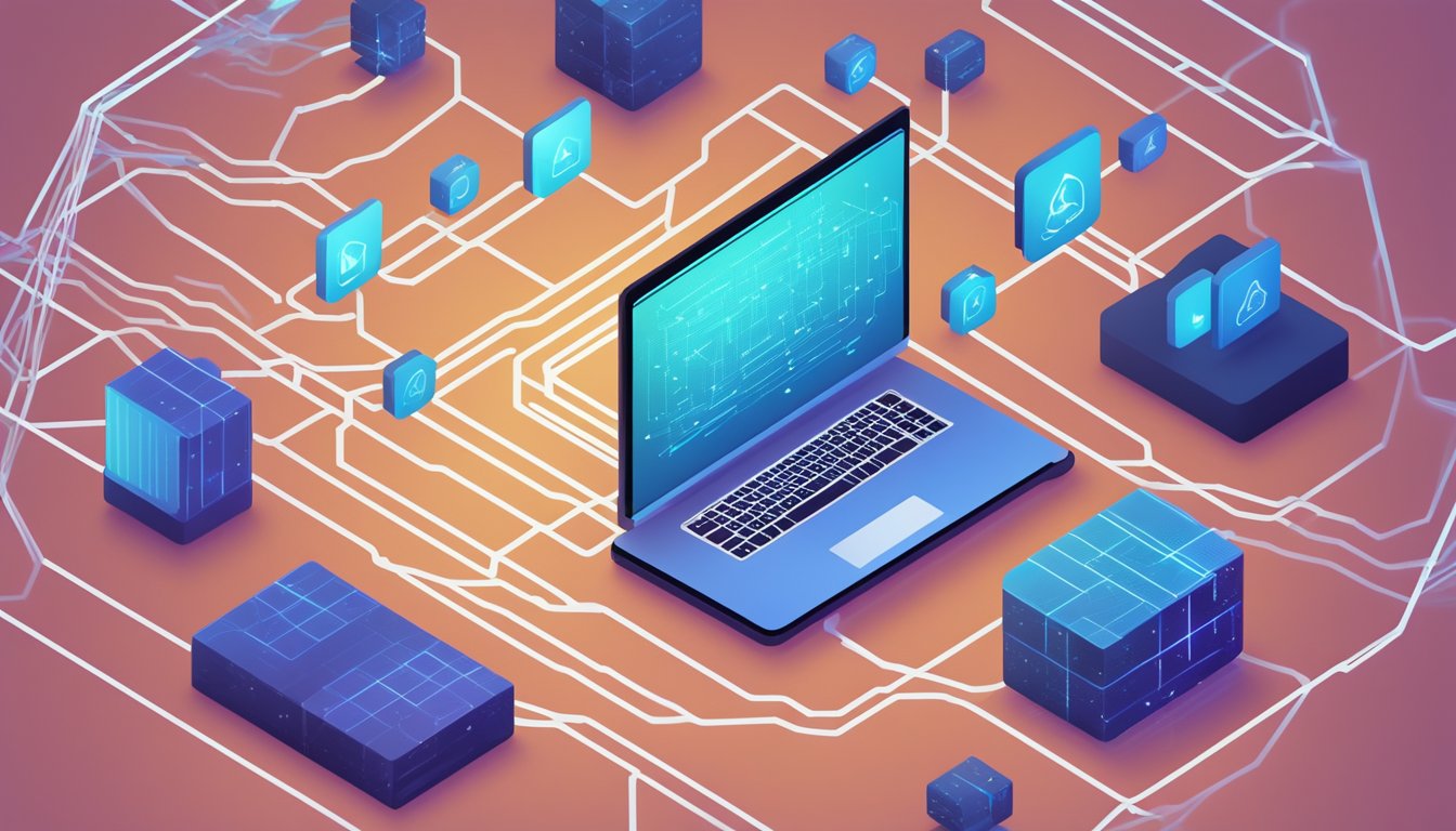 A digital contract icon hovering above a blockchain network,
surrounded by lines of code and connected nodes, symbolizing smart
contracts as the
future