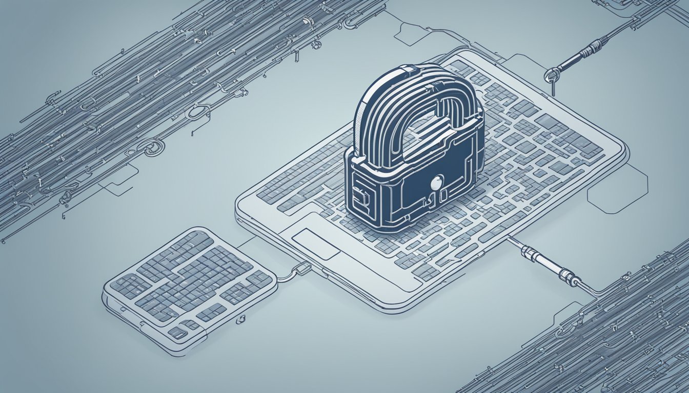 A computer screen displaying lines of code, with a lock and key
symbol, representing smart contracts as the next big thing in
technology