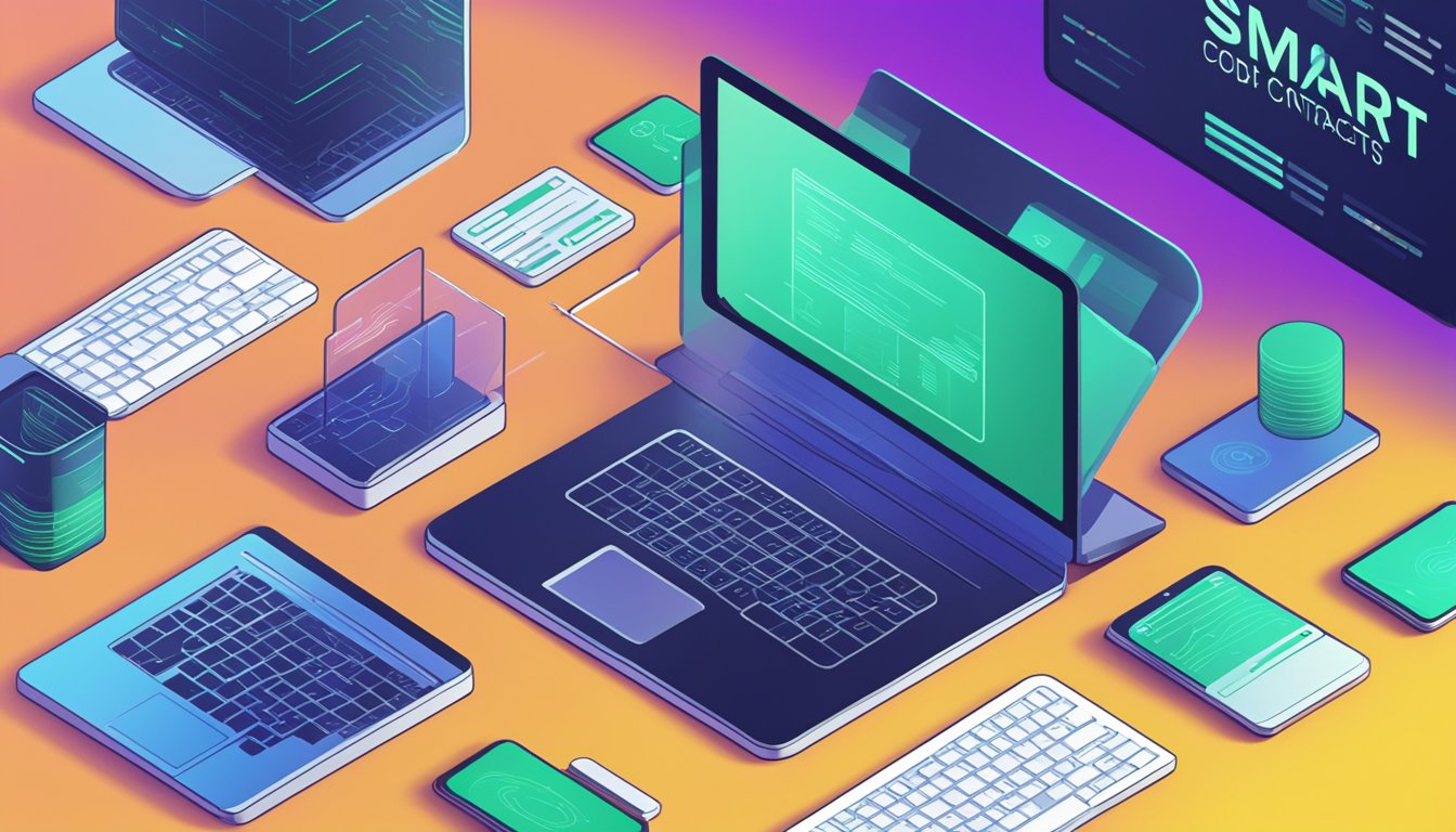 A computer screen displays lines of code with the title “Smart
Contracts.” A digital contract icon hovers above, symbolizing the
potential impact of this
technology