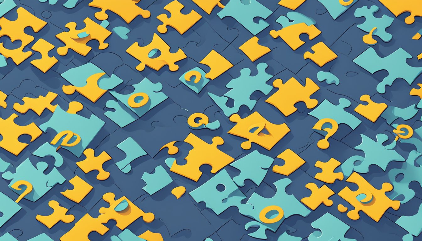 A group of interconnected puzzle pieces representing smart contracts,
surrounded by question marks and a looming sense of
uncertainty