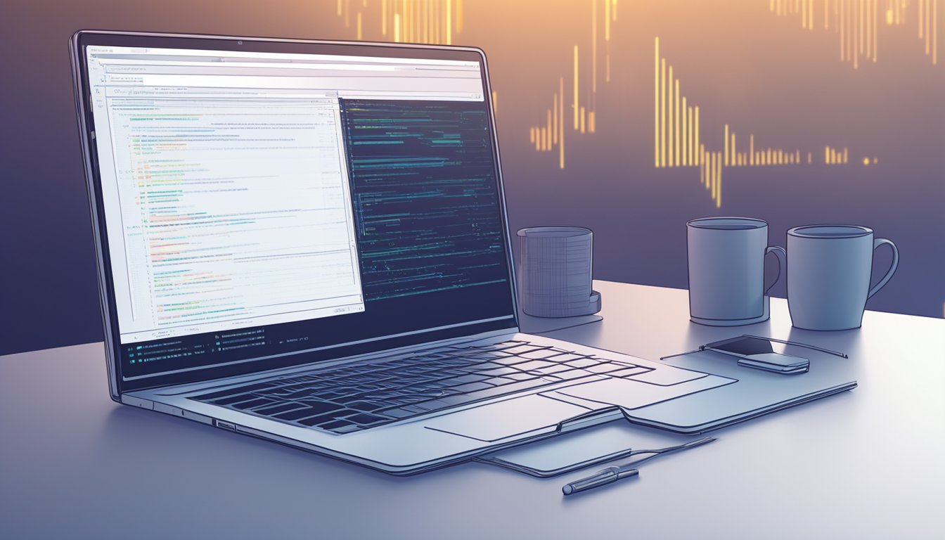 A computer screen displays lines of code, with a digital contract icon
in the background. Smart contract concept
art