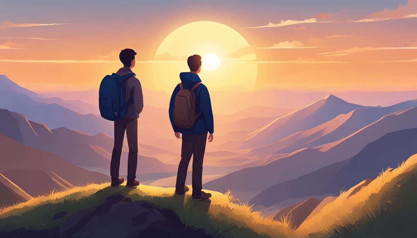 A person standing at the top of a mountain, looking out at the horizon
with a sense of accomplishment and growth. The sun is setting, casting a
warm glow over the
landscape
