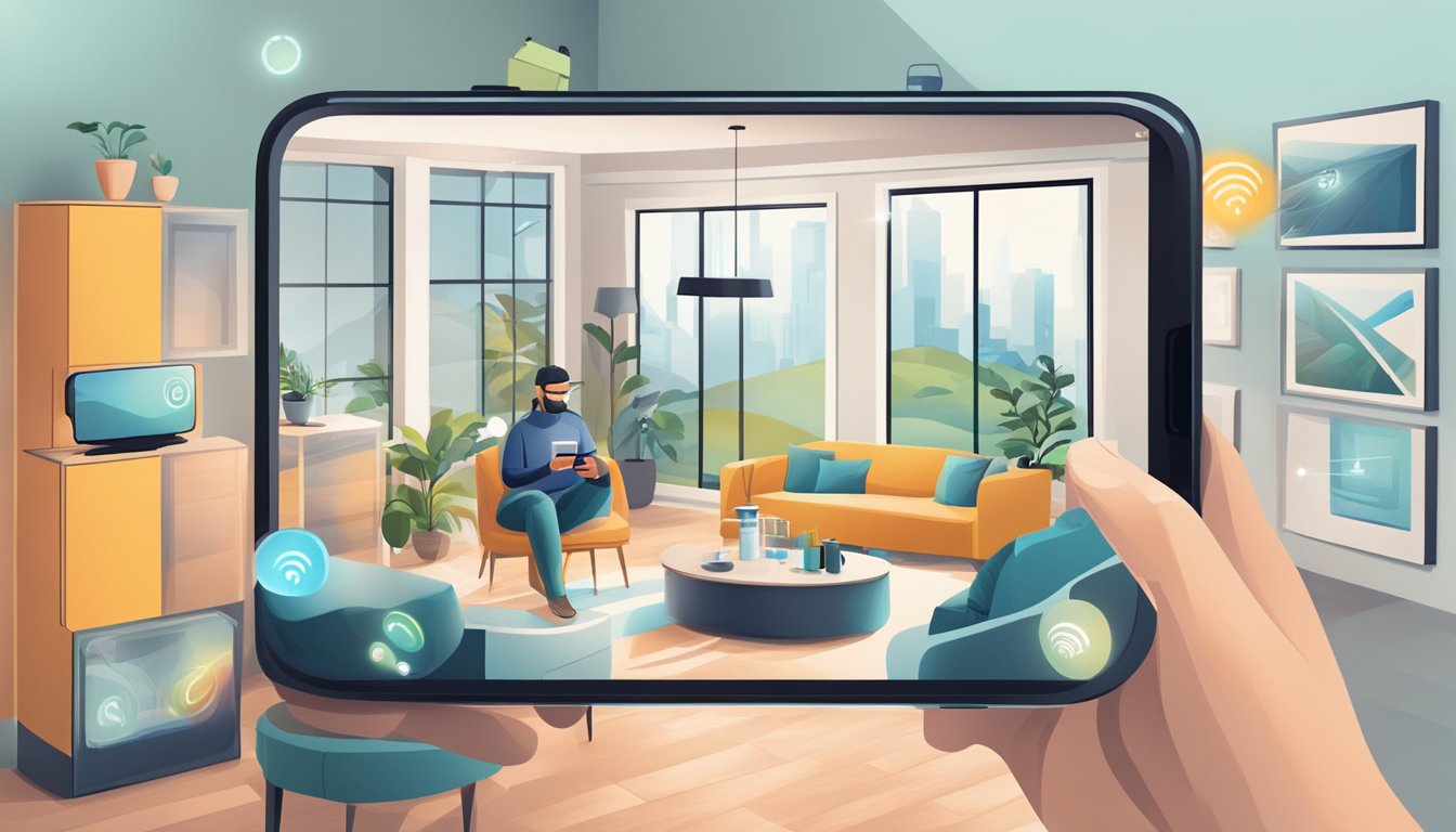 A person using a smartphone to control smart home devices, virtual
reality, and augmented reality, showcasing personal growth and
achievements through technological
advancements