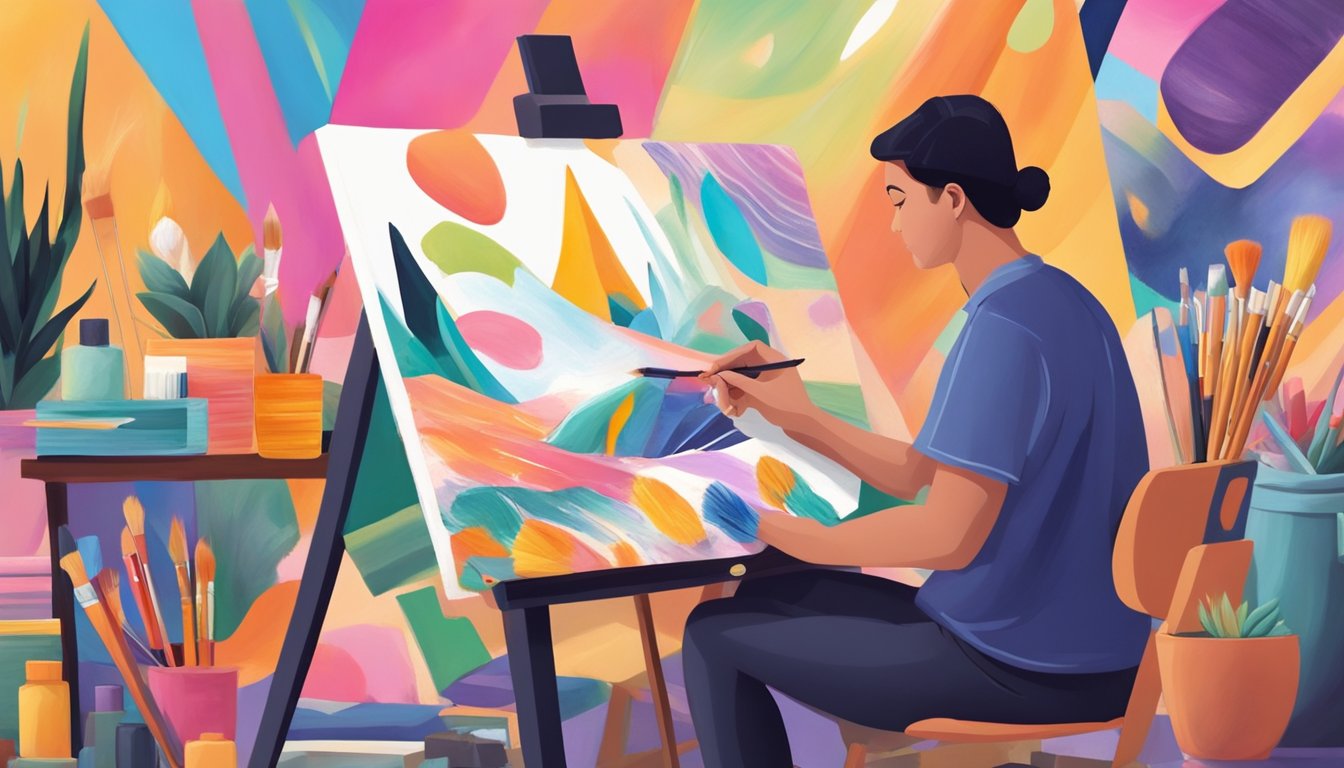 A person painting a vibrant, abstract canvas, surrounded by various
art supplies and a collection of completed artworks, symbolizing
personal growth and creative
achievements