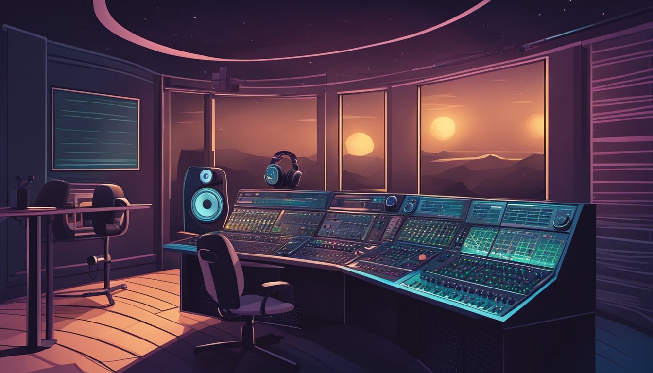 A dimly lit radio studio with a microphone, soundboard, and
headphones. The DJ’s voice fills the room, creating a mysterious and
hypnotic
atmosphere