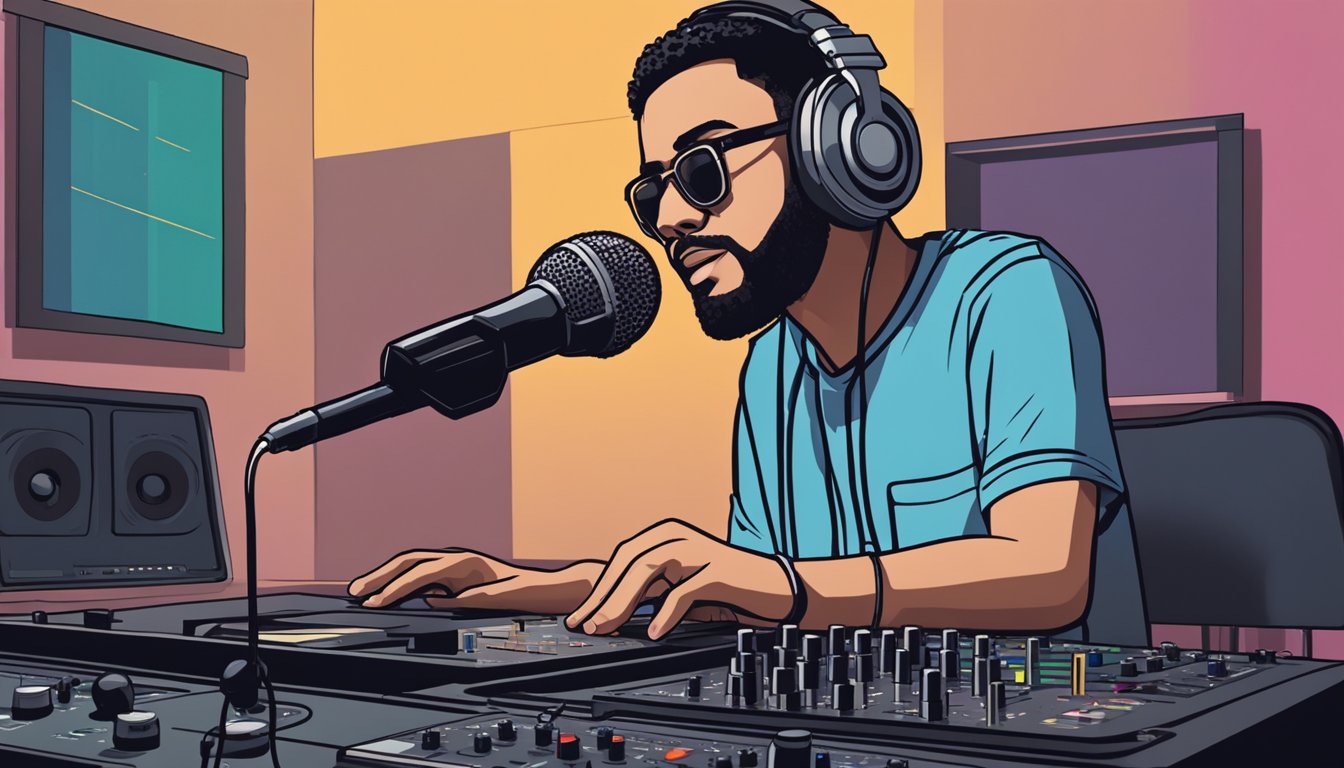 A figure stands at a microphone, using DJ voice techniques. The room
is dimly lit, with sound equipment and a mixing board in the
background