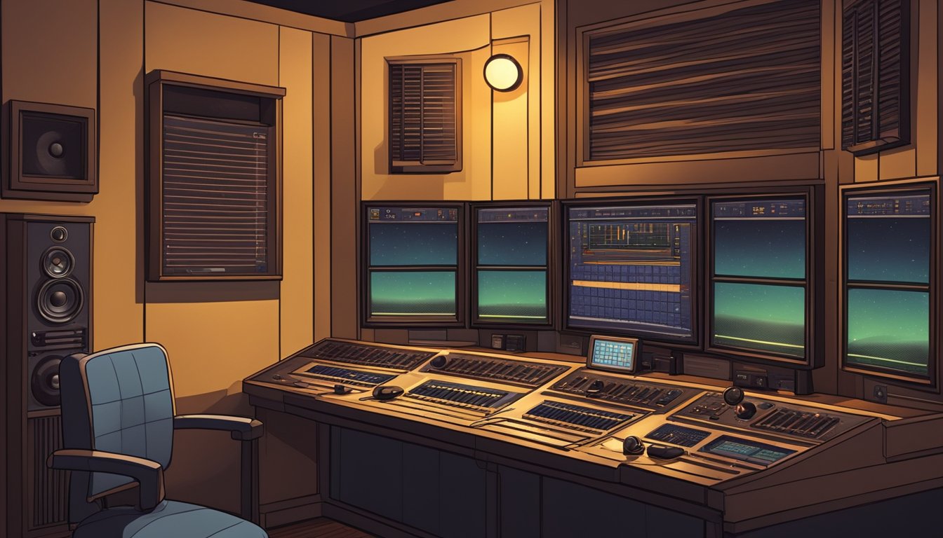A dimly lit radio studio with a lone microphone, soundproof walls, and
a control panel aglow with buttons and dials. A soothing, velvety voice
emanates from the speakers, filling the room with a sense of late-night
allure