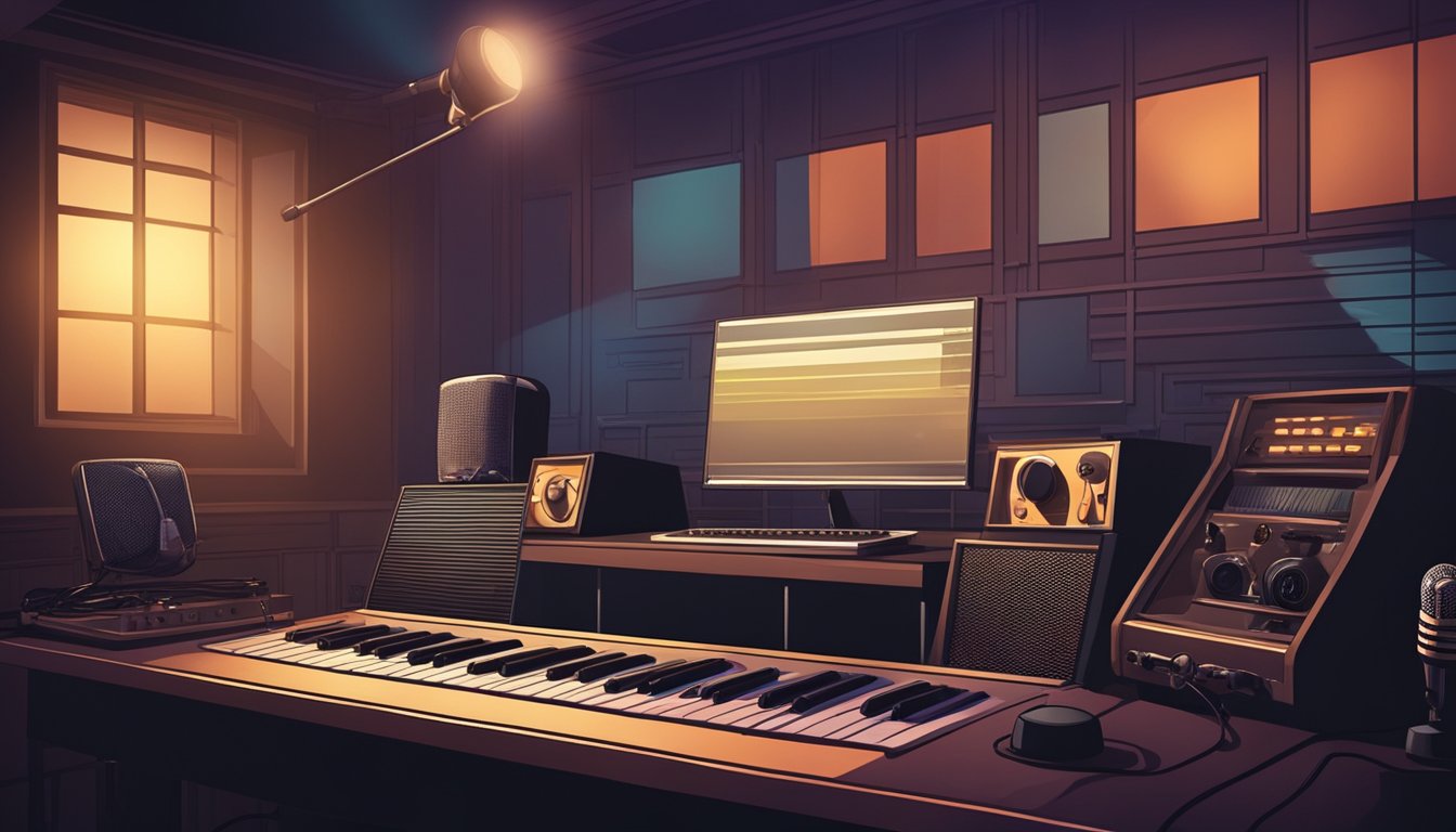 A dimly lit radio studio with a vintage microphone and soundboard. The
DJ’s voice fills the room, creating a captivating and influential
atmosphere