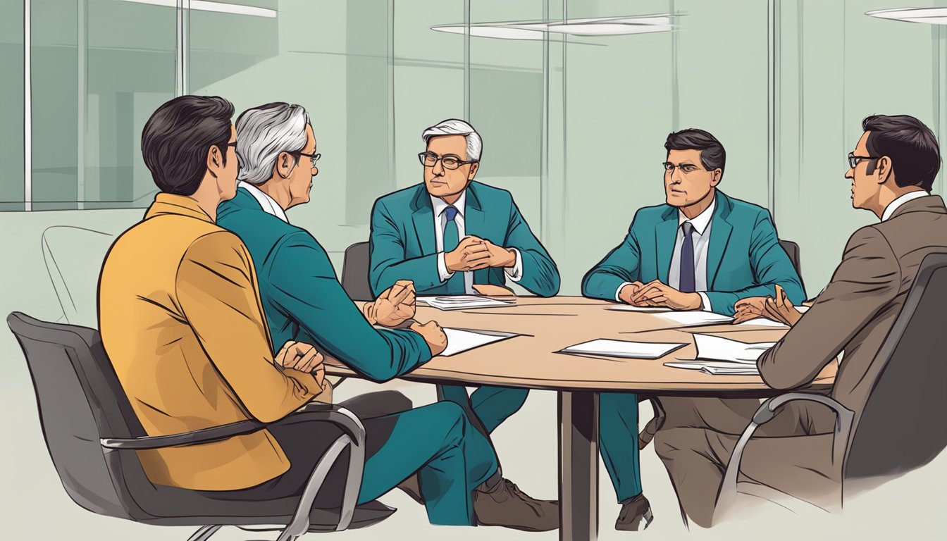 Intense discussion at a conference table, with stern expressions and gestures