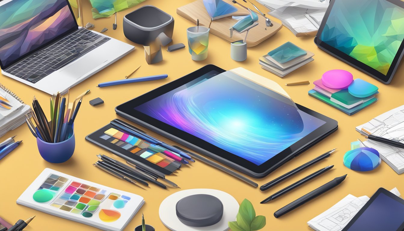 A digital tablet with a stylus, displaying various art software and
tools, surrounded by a diverse range of art pieces and reference
materials