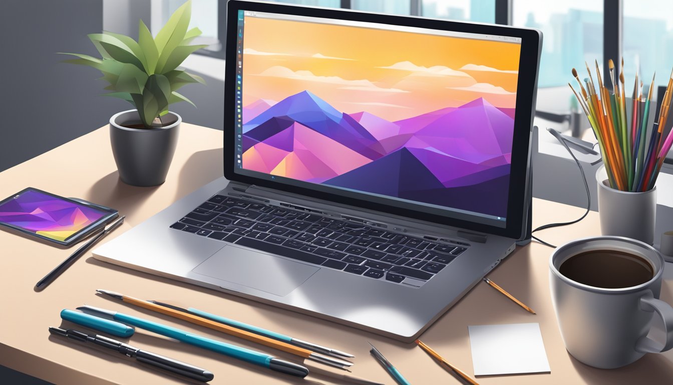 A computer screen displaying digital art software with a stylus and
tablet nearby. Various digital art tools and brushes scattered on a
desk