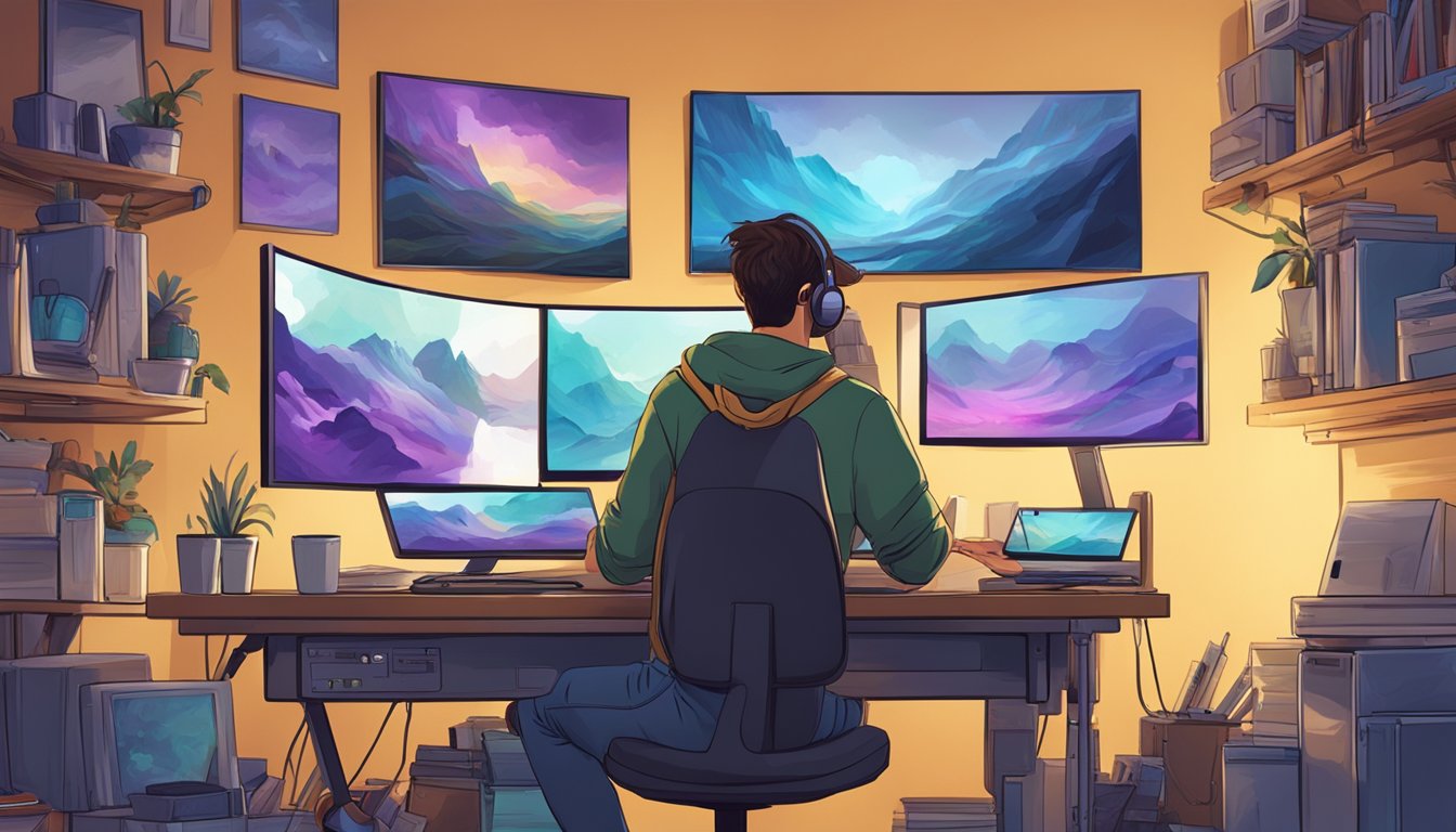 A digital artist surrounded by technology, creating art on a computer
with a stylus and tablet, surrounded by inspiring artwork on the
walls