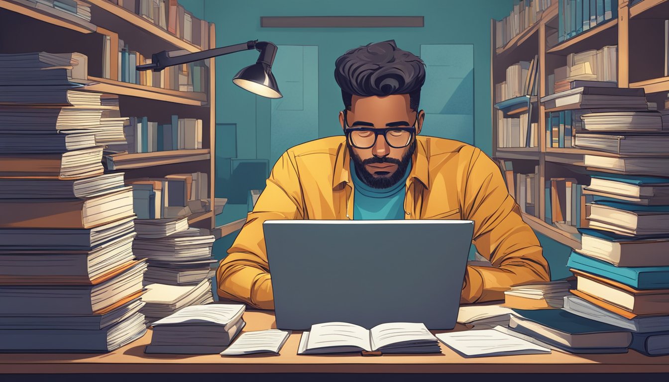 A person sits at a desk, surrounded by books and papers. They have a
focused expression as they work, showing determination and
concentration
