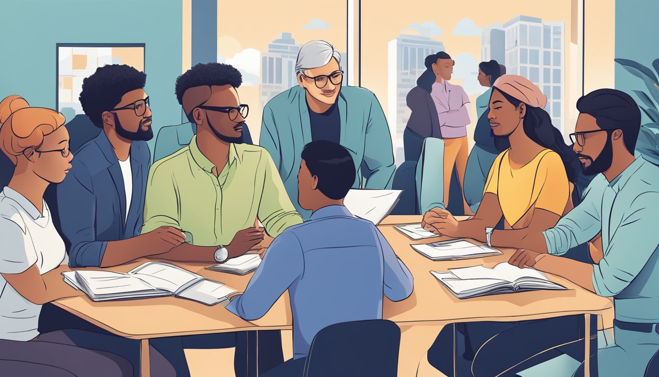 A diverse group of individuals collaborating effectively, showing
empathy, and resolving conflicts in a professional
setting