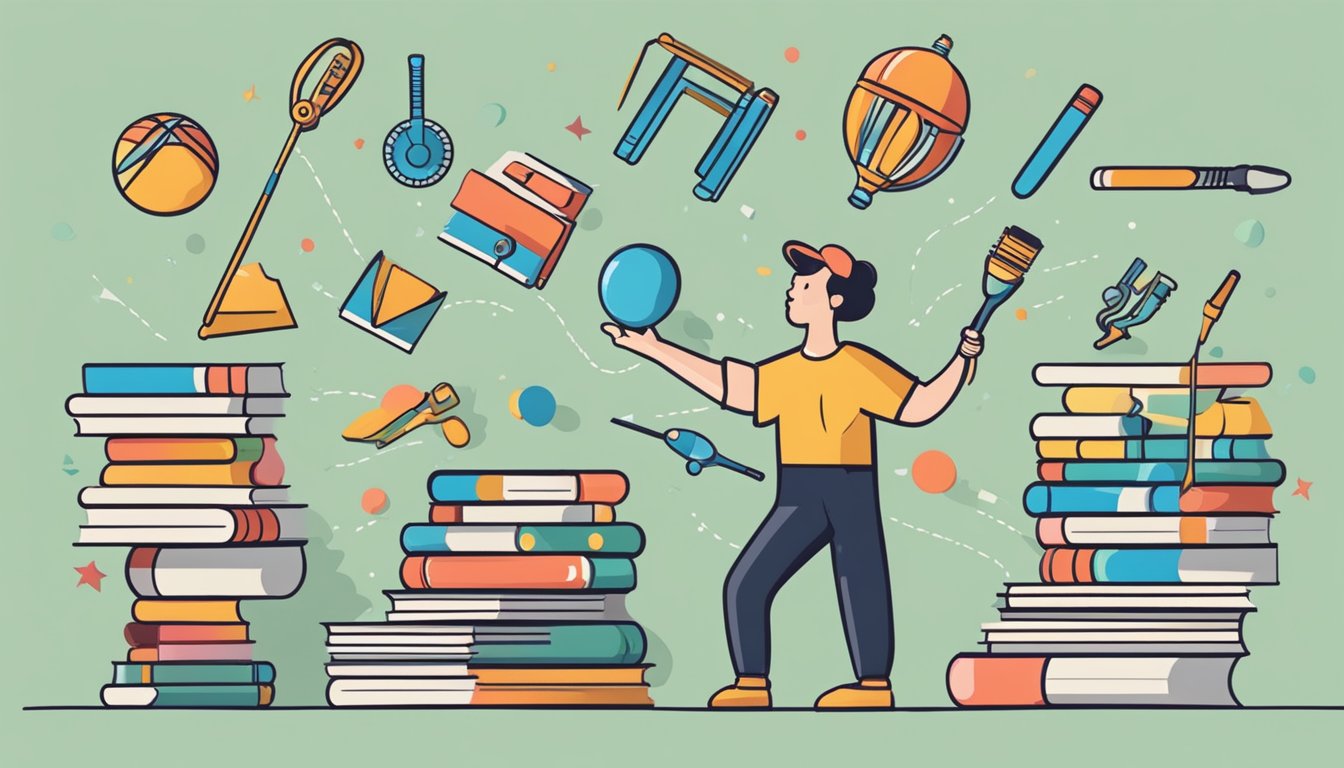 A person juggling various tools, books, and instruments, showcasing
the benefits of a diverse skill
set