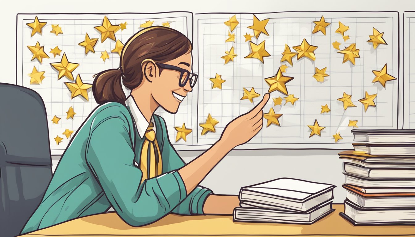 A student eagerly reaching for a gold star sticker on a chart, smiling
and motivated to continue
learning