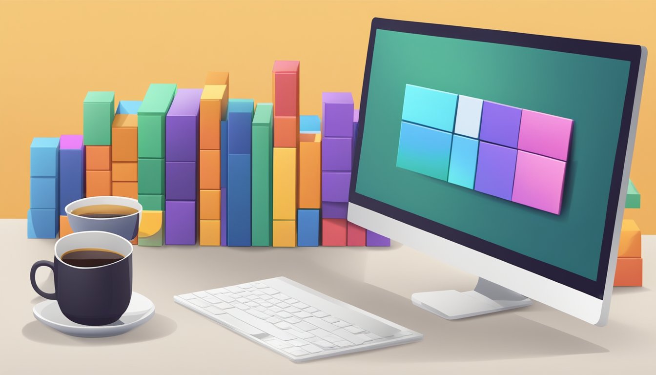 A computer screen with Scratch Online open, displaying colorful blocks
and a stage, surrounded by books on programming and a cup of
coffee