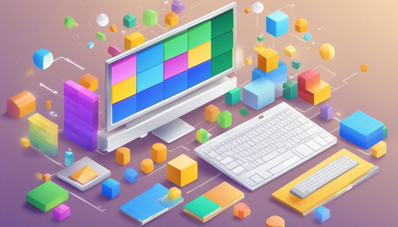 A computer screen displaying Scratch Online interface with colorful
blocks and code, surrounded by educational materials and a playful
atmosphere