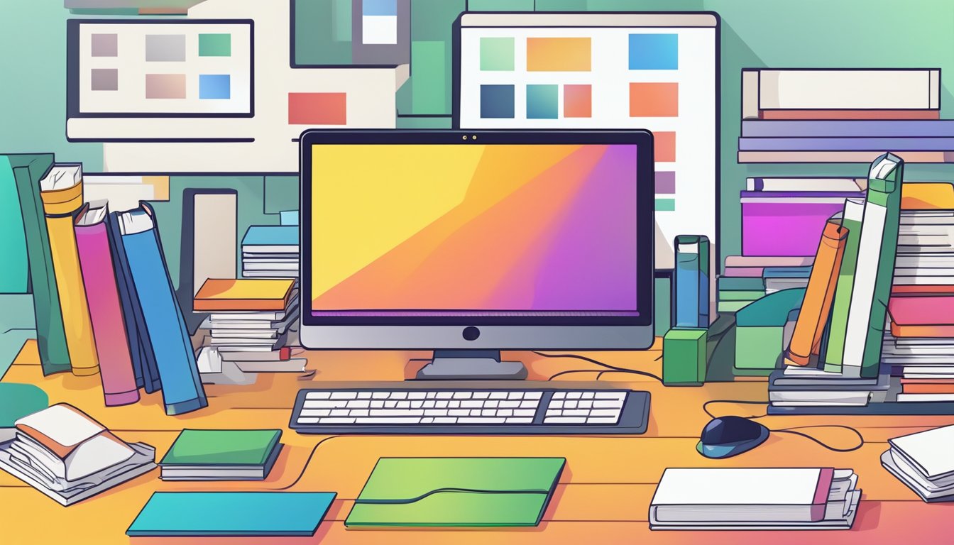 A computer displaying Scratch Online with colorful blocks and a simple
program, surrounded by books and educational
materials