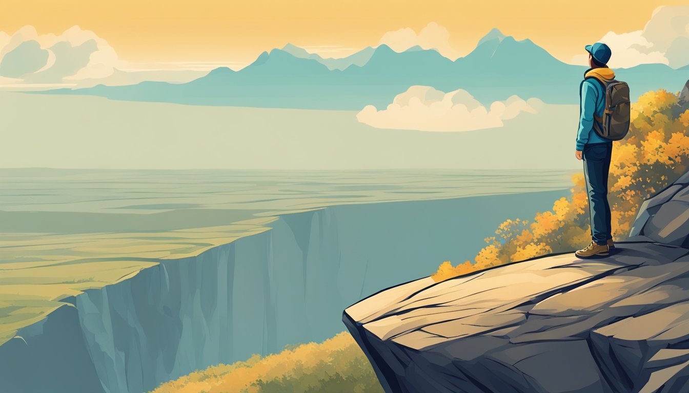 A person standing on the edge of a cliff, looking out at a vast and
unfamiliar landscape, with a sense of excitement and
curiosity