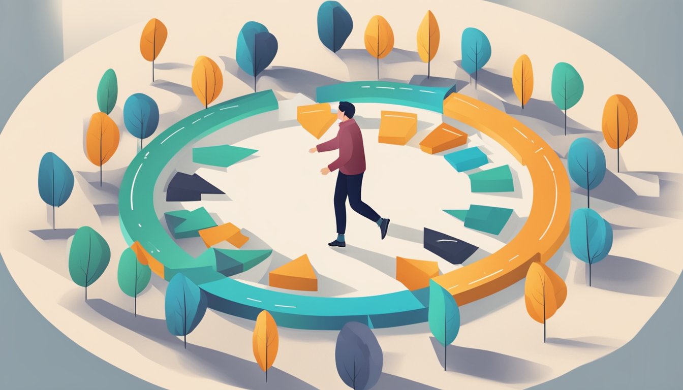 A person stepping out of a cozy circle surrounded by arrows pointing
outward, symbolizing the need to break out of comfort
zones
