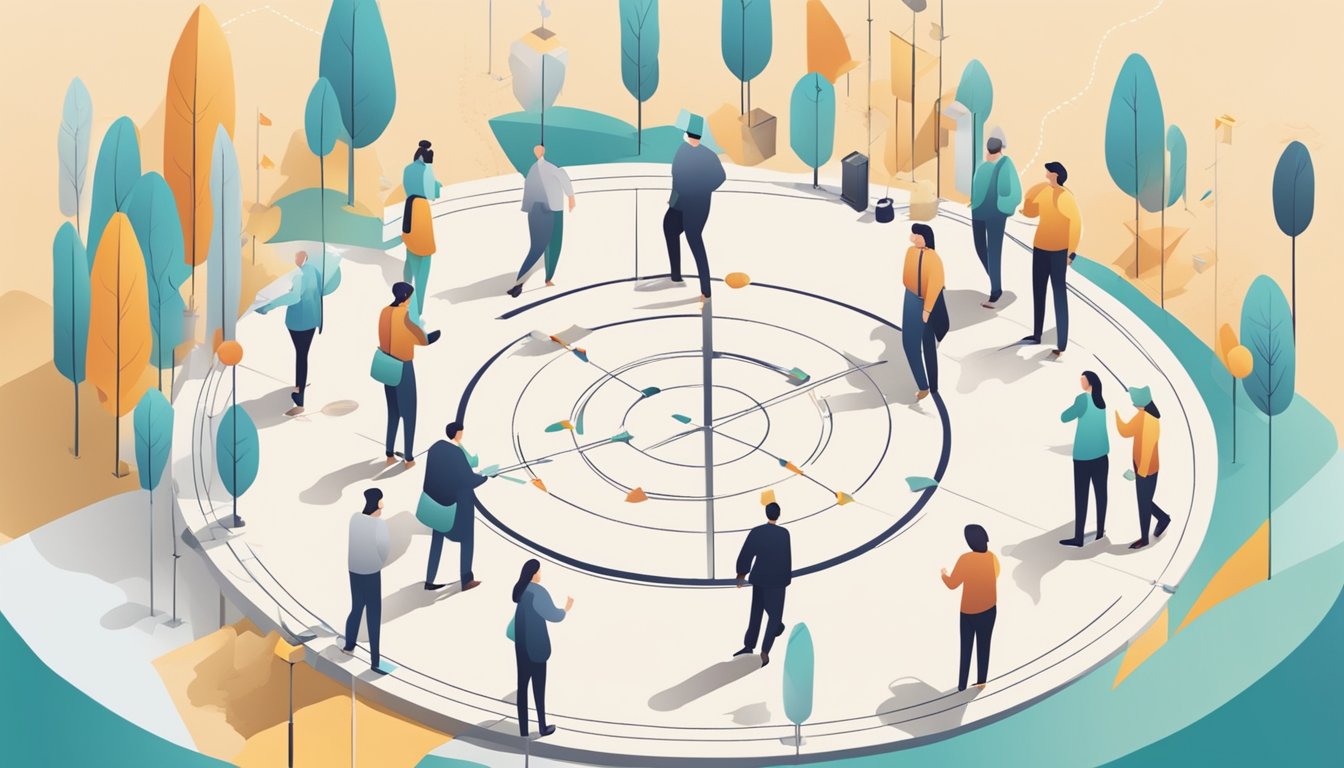 A person stepping outside a circle with arrows pointing outward,
surrounded by various tools and resources for learning and
growth