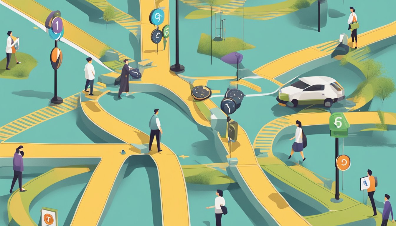 A person standing at a crossroads with multiple paths, looking at a
ticking clock, surrounded by various options and
obstacles