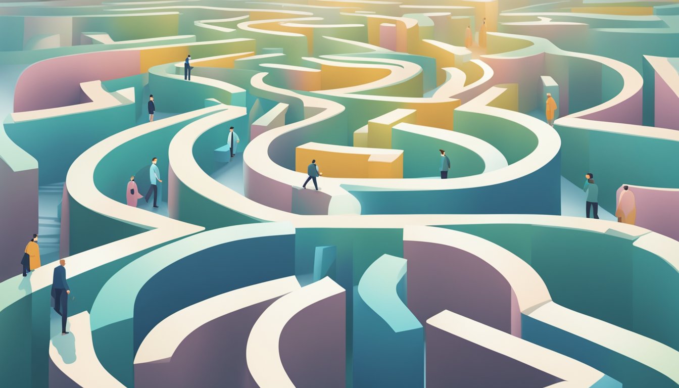 A figure facing a maze of obstacles, choosing a clear path. Signs of
learning and growth surround
them