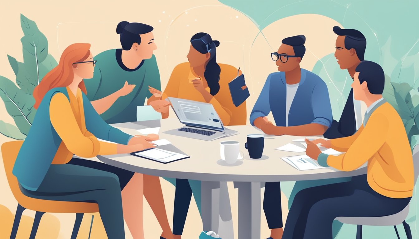 A group of individuals engaged in a lively discussion, exchanging
ideas and opinions while working towards a common
goal