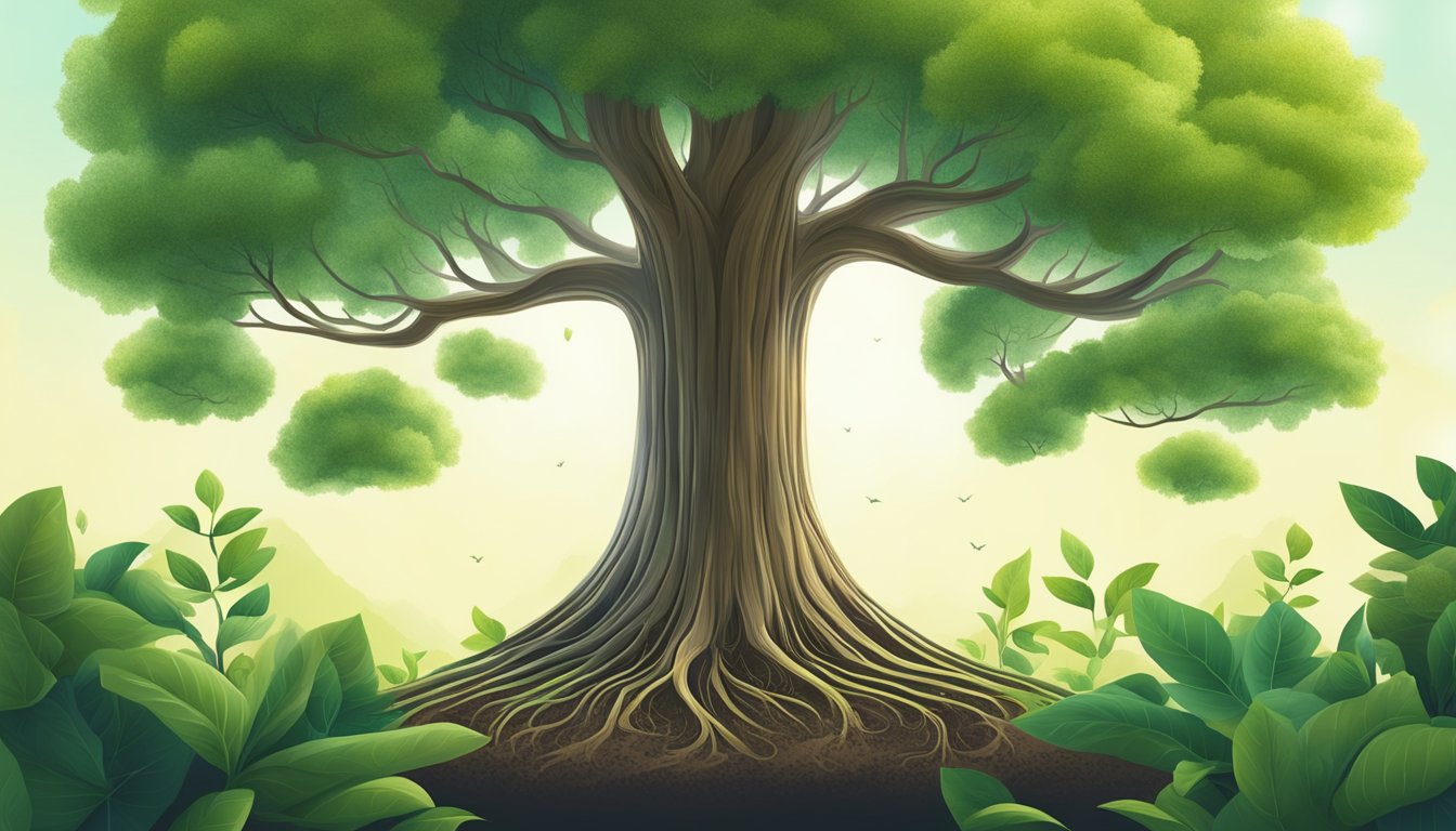 A small seedling growing into a towering tree, surrounded by smaller
plants, symbolizing the concept of scalability and future
growth
