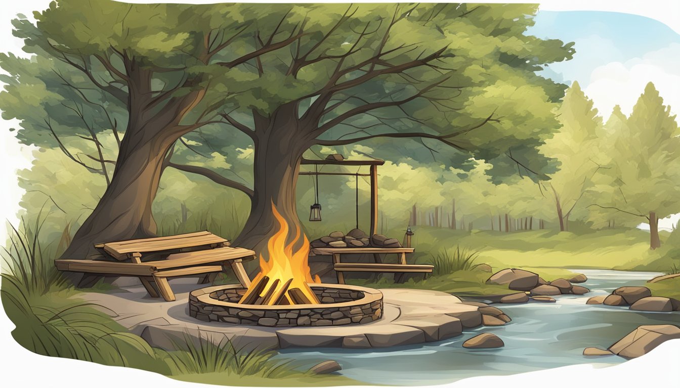 A shelter made of branches and leaves, surrounded by a fire pit and
tools for hunting and gathering. Tall trees and a flowing stream in the
background