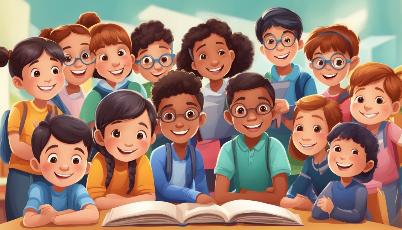 Children gather around books, smiling and pointing. World Book Day
celebration